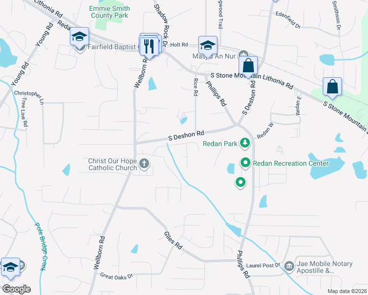 map of restaurants, bars, coffee shops, grocery stores, and more near 1753 Springwater Way in Lithonia