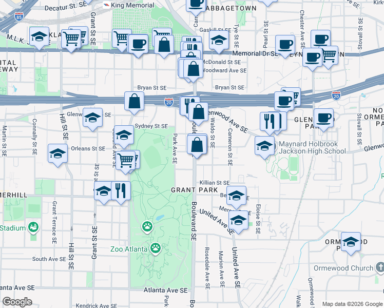 map of restaurants, bars, coffee shops, grocery stores, and more near 543 Boulevard Southeast in Atlanta