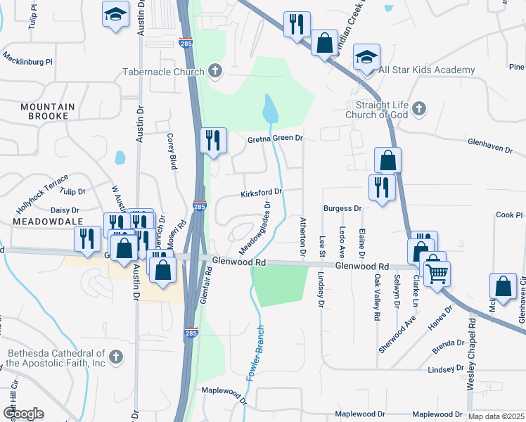map of restaurants, bars, coffee shops, grocery stores, and more near 1763 Meadowglades Drive in Decatur