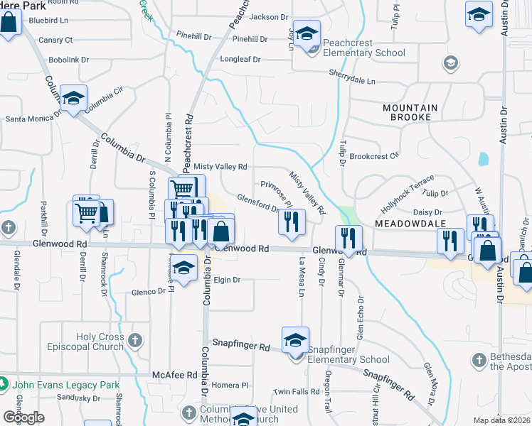 map of restaurants, bars, coffee shops, grocery stores, and more near 3475 Glensford Drive in Decatur