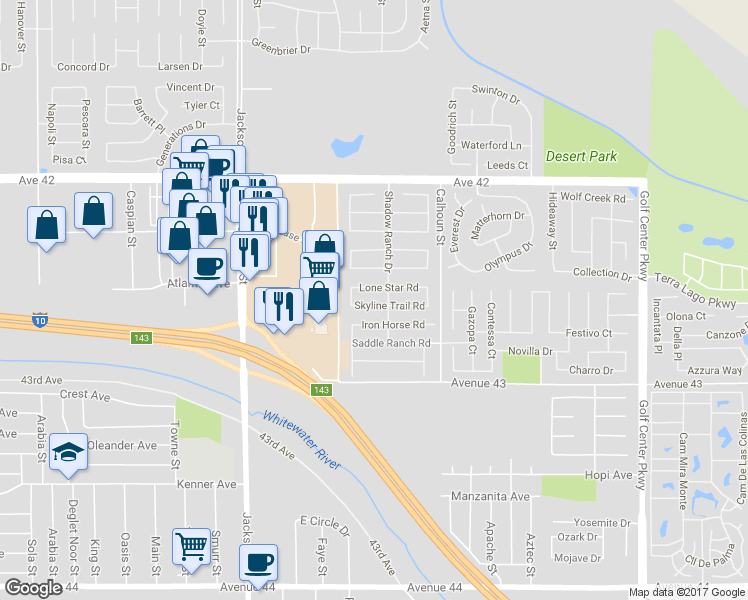 map of restaurants, bars, coffee shops, grocery stores, and more near 83328 Skyline Trail Road in Indio