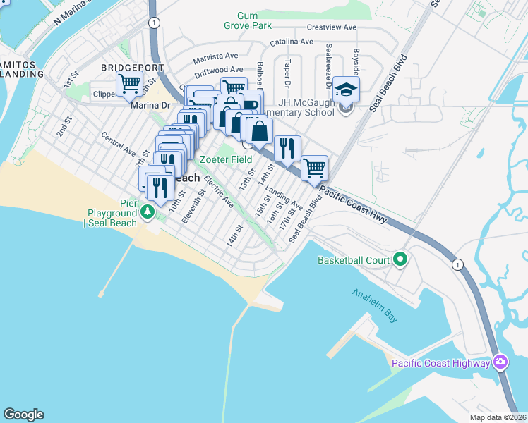 map of restaurants, bars, coffee shops, grocery stores, and more near 216 15th Street in Seal Beach