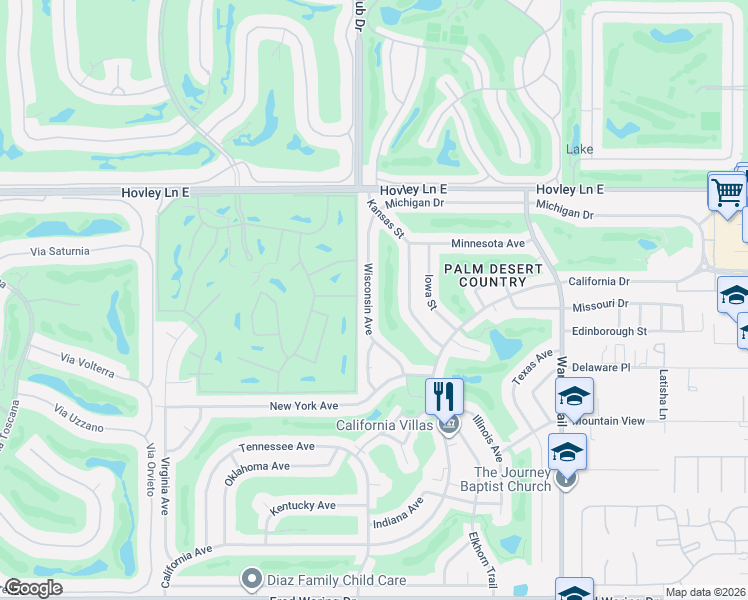 map of restaurants, bars, coffee shops, grocery stores, and more near 42600 Wisconsin Avenue in Palm Desert