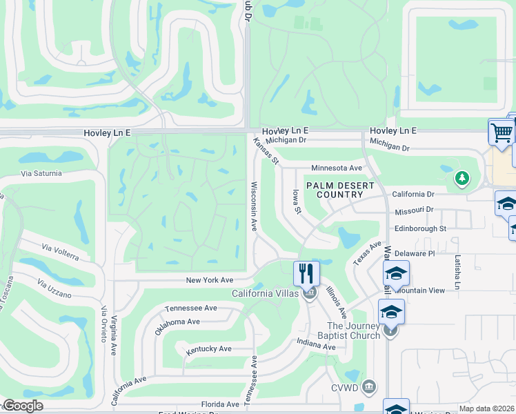 map of restaurants, bars, coffee shops, grocery stores, and more near 42600 Wisconsin Avenue in Palm Desert