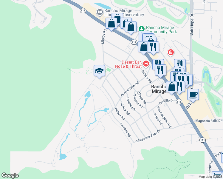 map of restaurants, bars, coffee shops, grocery stores, and more near 71341 Biskra Road in Rancho Mirage