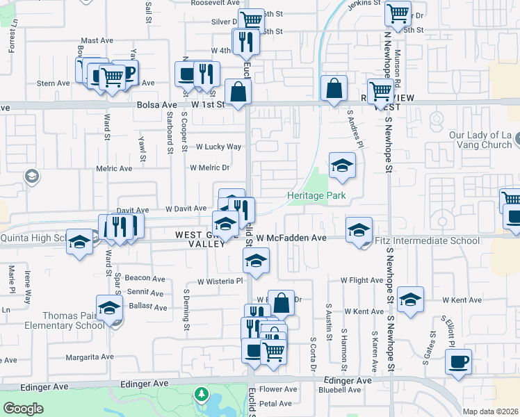 map of restaurants, bars, coffee shops, grocery stores, and more near 5028 West Davit Avenue in Santa Ana