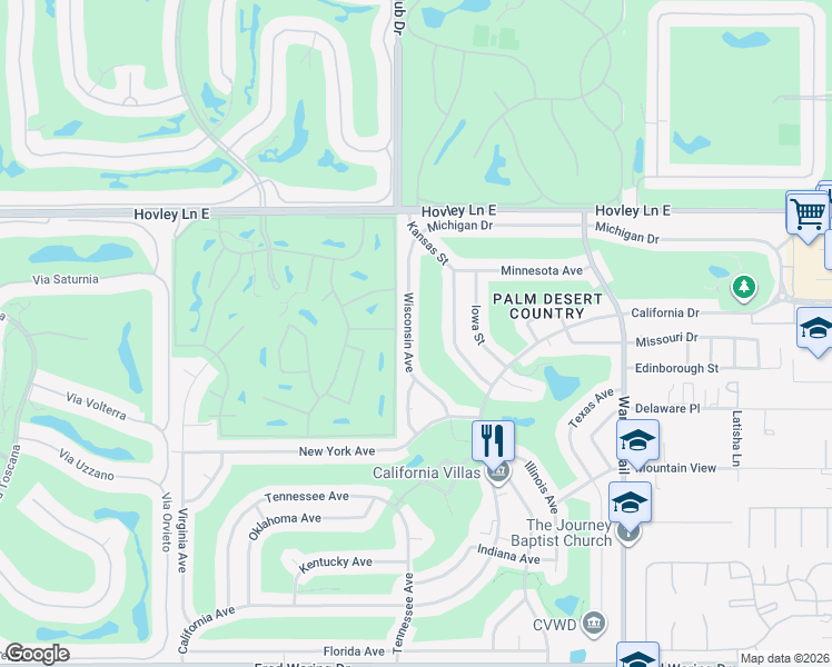 map of restaurants, bars, coffee shops, grocery stores, and more near 42600 Wisconsin Avenue in Palm Desert