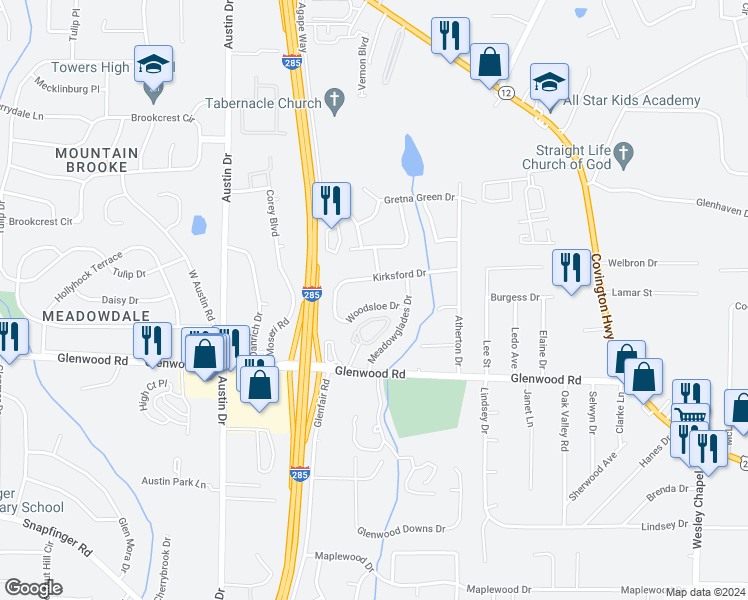 map of restaurants, bars, coffee shops, grocery stores, and more near 1757 Woodsloe Drive in Decatur