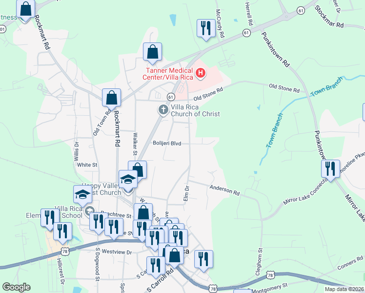 map of restaurants, bars, coffee shops, grocery stores, and more near 412 Bolijeri Boulevard in Villa Rica