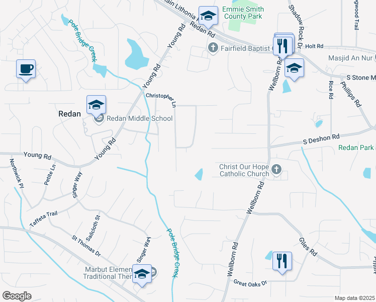 map of restaurants, bars, coffee shops, grocery stores, and more near 5857 Earlwane Drive in Lithonia