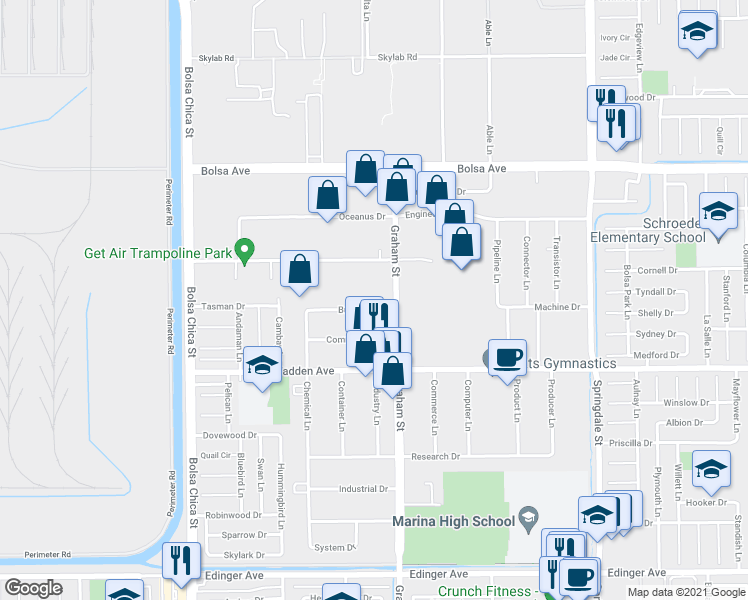 map of restaurants, bars, coffee shops, grocery stores, and more near 5451 Business Drive in Huntington Beach