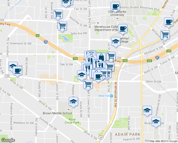 map of restaurants, bars, coffee shops, grocery stores, and more near 628 Joseph E Lowery Blvd SW in Atlanta