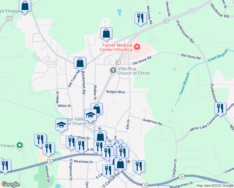 map of restaurants, bars, coffee shops, grocery stores, and more near 418 Bolijeri Boulevard in Villa Rica