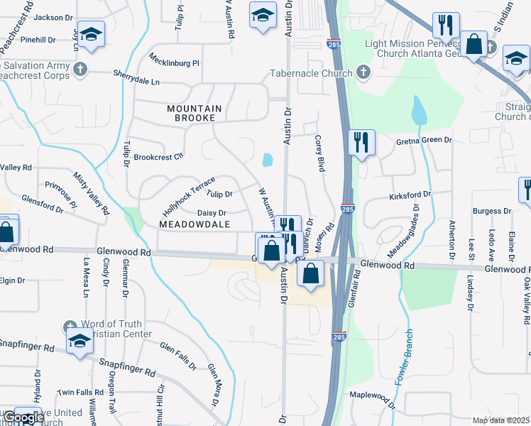 map of restaurants, bars, coffee shops, grocery stores, and more near 1807 West Austin Road in Decatur