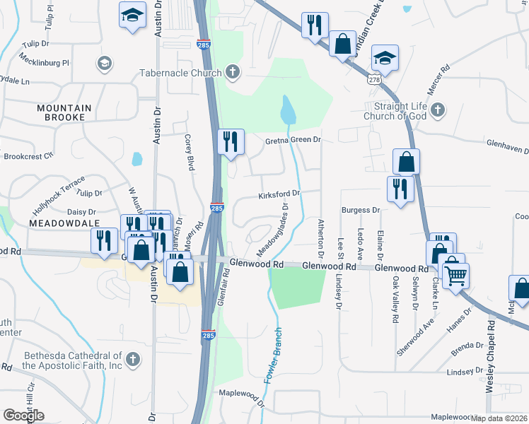 map of restaurants, bars, coffee shops, grocery stores, and more near 1763 Woodsloe Drive in Decatur