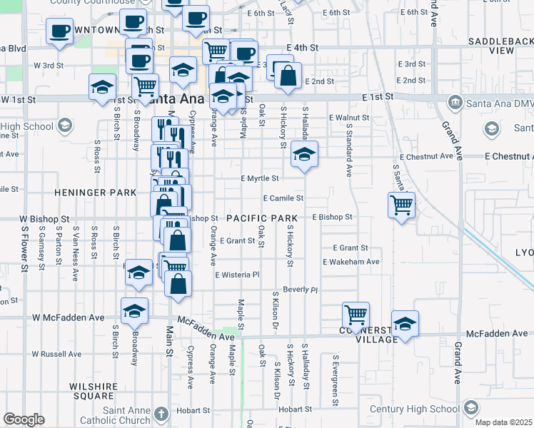 map of restaurants, bars, coffee shops, grocery stores, and more near 505 East Bishop Street in Santa Ana