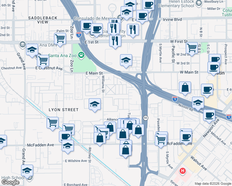 map of restaurants, bars, coffee shops, grocery stores, and more near 124 Balboa Lane in Tustin