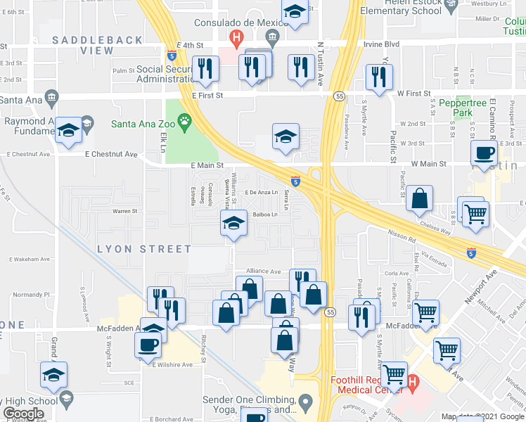 map of restaurants, bars, coffee shops, grocery stores, and more near 126 Balboa Lane in Tustin