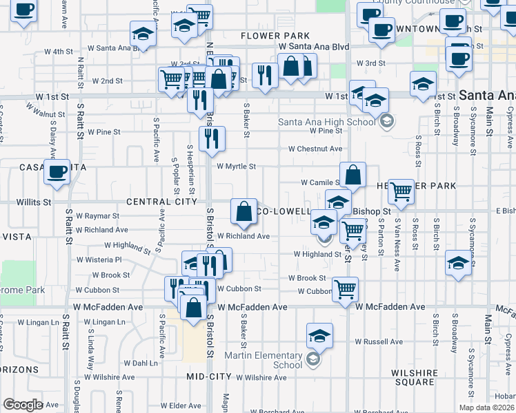 map of restaurants, bars, coffee shops, grocery stores, and more near 606 South Rosewood Avenue in Santa Ana