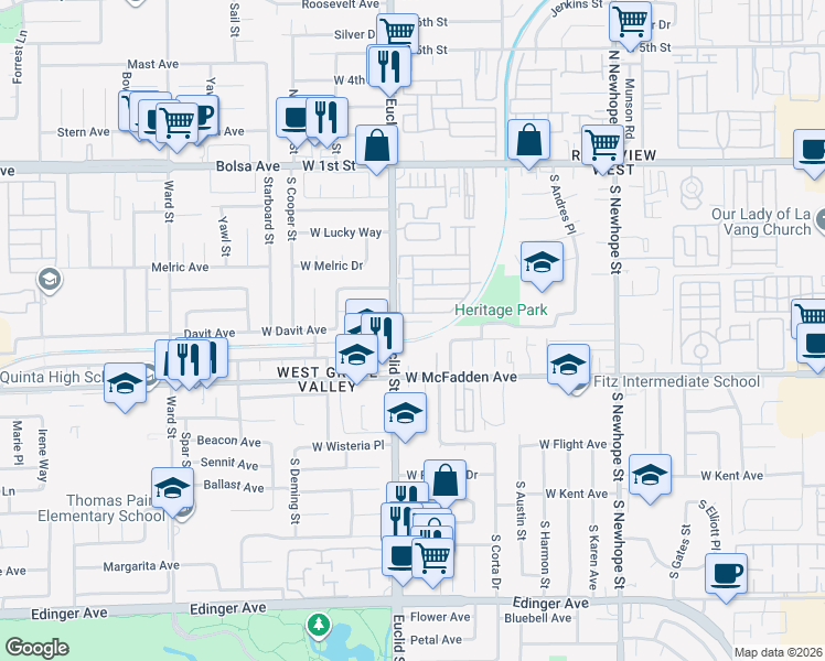 map of restaurants, bars, coffee shops, grocery stores, and more near 5028 West Davit Avenue in Santa Ana