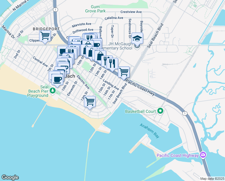 map of restaurants, bars, coffee shops, grocery stores, and more near 235 17th Street in Seal Beach