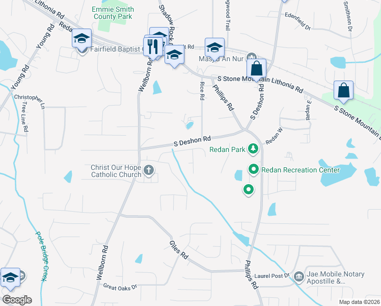 map of restaurants, bars, coffee shops, grocery stores, and more near 1753 Springwater Way in Lithonia