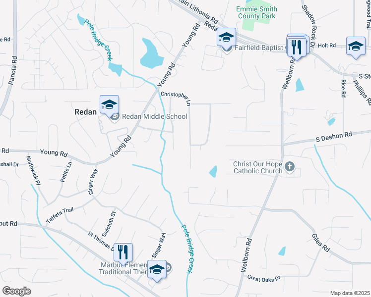 map of restaurants, bars, coffee shops, grocery stores, and more near 5935 Christopher Lane in Lithonia
