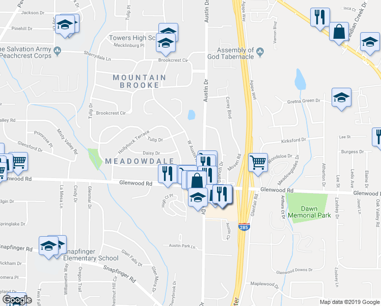 map of restaurants, bars, coffee shops, grocery stores, and more near 1807 West Austin Road in Decatur
