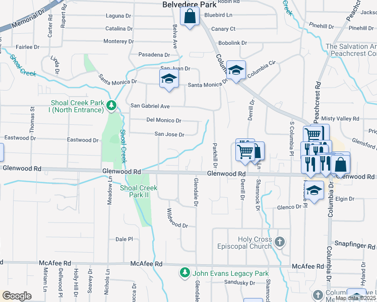 map of restaurants, bars, coffee shops, grocery stores, and more near 1860 Shoal Creek Boulevard in Decatur