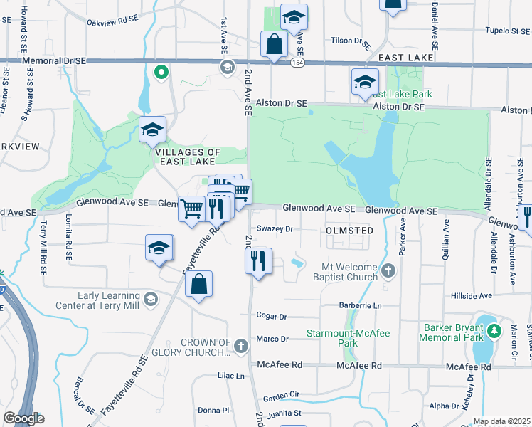 map of restaurants, bars, coffee shops, grocery stores, and more near 2389 Glenwood Avenue Southeast in Atlanta