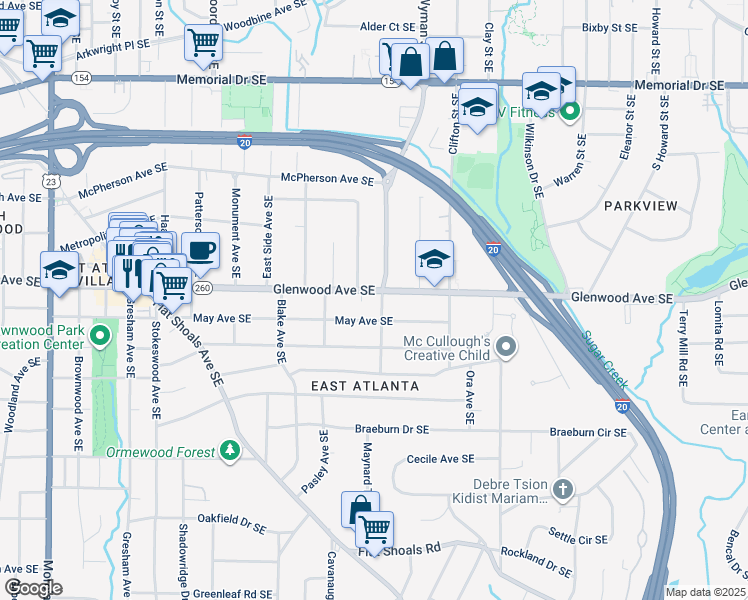 map of restaurants, bars, coffee shops, grocery stores, and more near 1577 Glenwood Avenue Southeast in Atlanta