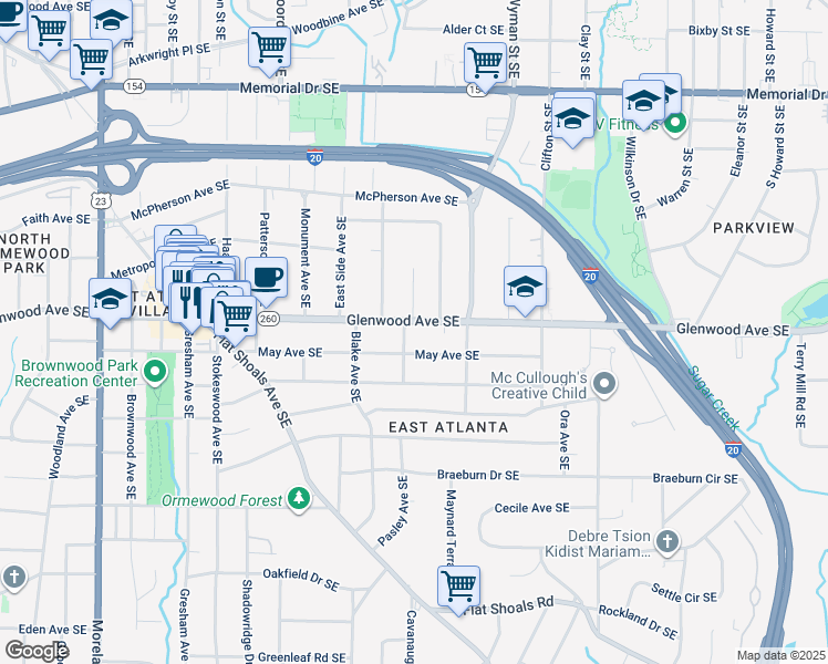 map of restaurants, bars, coffee shops, grocery stores, and more near 1525 Glenwood Avenue Southeast in Atlanta