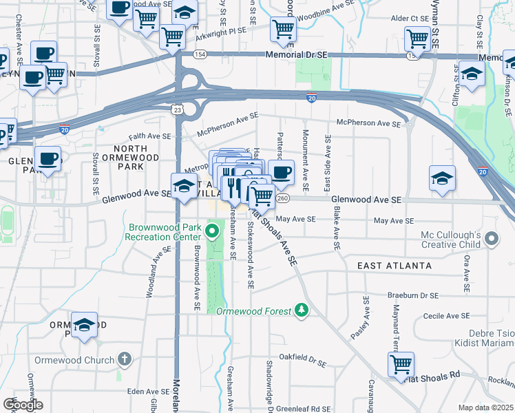 map of restaurants, bars, coffee shops, grocery stores, and more near 533 Flat Shoals Avenue Southeast in Atlanta