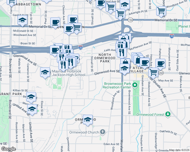 map of restaurants, bars, coffee shops, grocery stores, and more near 1023 Glenwood Avenue Southeast in Atlanta