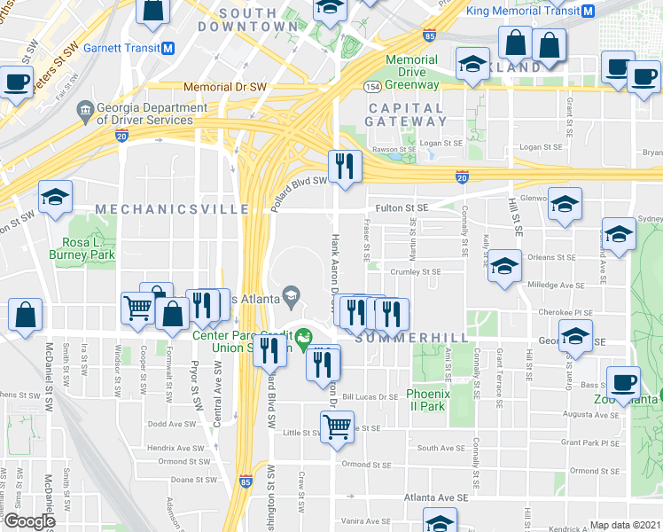 map of restaurants, bars, coffee shops, grocery stores, and more near 521 Capitol Avenue Southeast in Atlanta