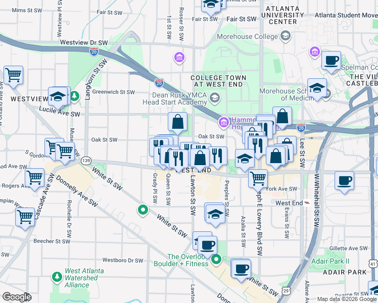 map of restaurants, bars, coffee shops, grocery stores, and more near 563 Lawton Street Southwest in Atlanta