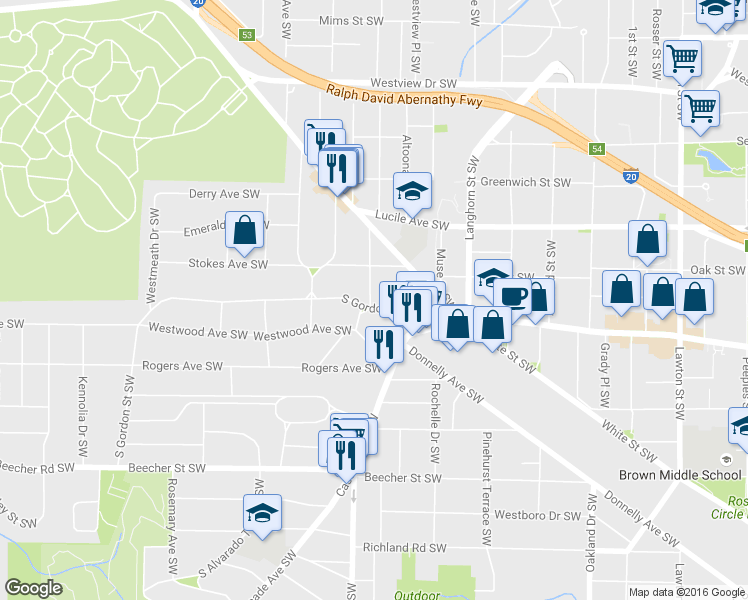 map of restaurants, bars, coffee shops, grocery stores, and more near 1479 South Gordon Street Southwest in Atlanta