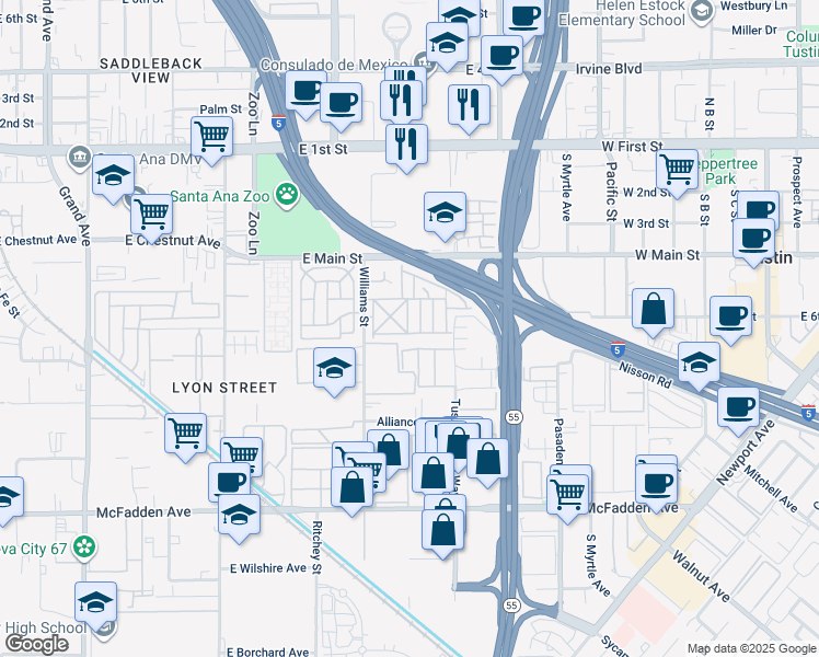 map of restaurants, bars, coffee shops, grocery stores, and more near 124 Balboa Lane in Tustin