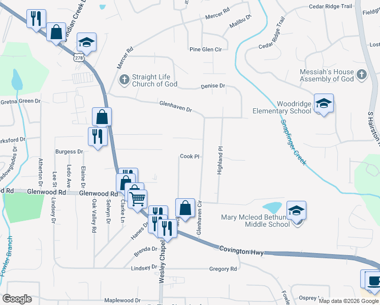 map of restaurants, bars, coffee shops, grocery stores, and more near 4372 Cook Place in Decatur