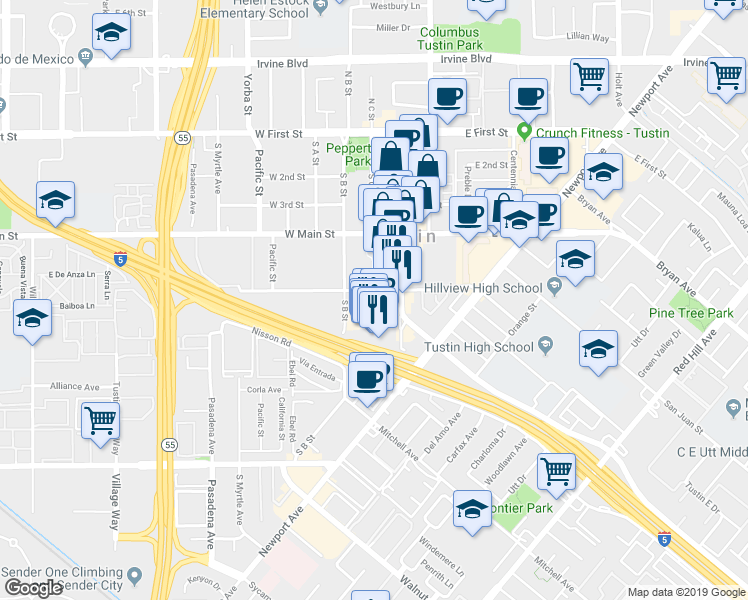 map of restaurants, bars, coffee shops, grocery stores, and more near 630 El Camino Real in Tustin