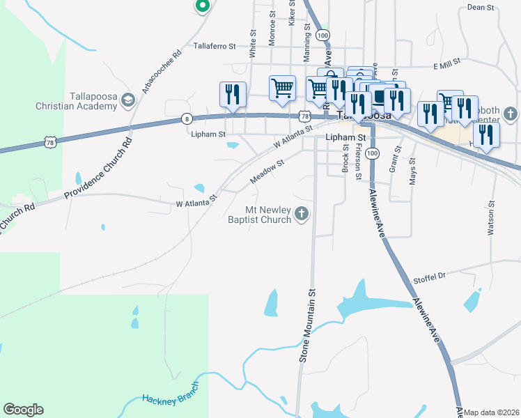 map of restaurants, bars, coffee shops, grocery stores, and more near 150 Pounds Road in Tallapoosa