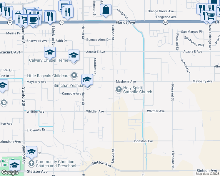 map of restaurants, bars, coffee shops, grocery stores, and more near 26301 Soboba Street in Hemet
