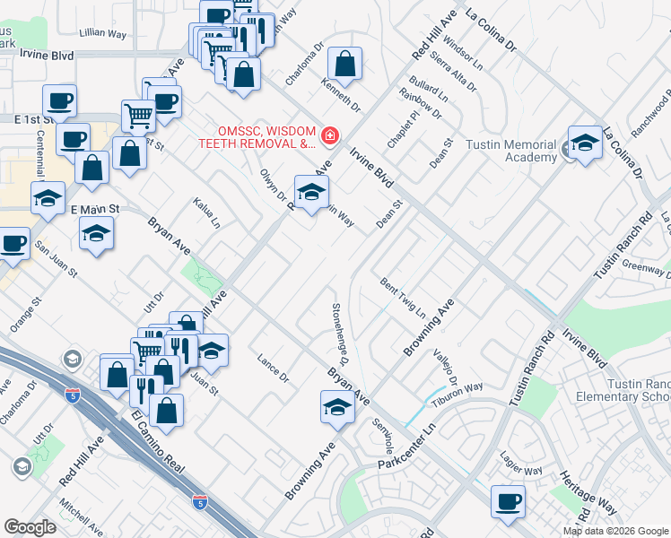 map of restaurants, bars, coffee shops, grocery stores, and more near 13232 Dean Street in Tustin