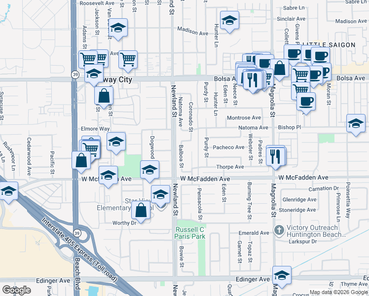 map of restaurants, bars, coffee shops, grocery stores, and more near 15361 Nantucket Street in Westminster