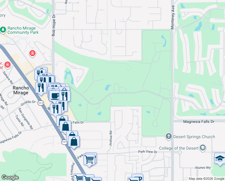 map of restaurants, bars, coffee shops, grocery stores, and more near Avenida Las Palmas in Rancho Mirage