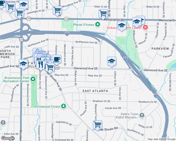 map of restaurants, bars, coffee shops, grocery stores, and more near 1525 Glenwood Avenue Southeast in Atlanta