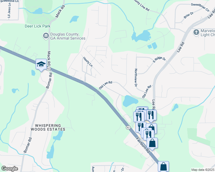 map of restaurants, bars, coffee shops, grocery stores, and more near 101 Legacy Park Drive in Lithia Springs