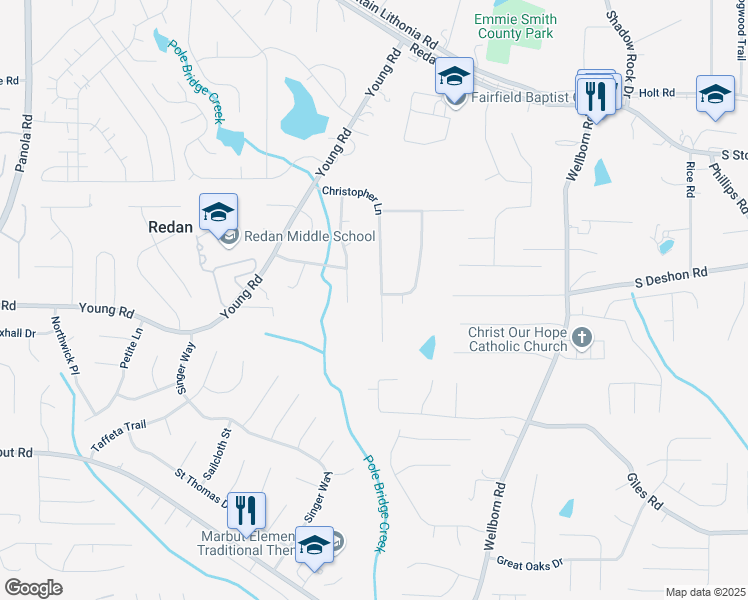 map of restaurants, bars, coffee shops, grocery stores, and more near 5935 Christopher Lane in Lithonia