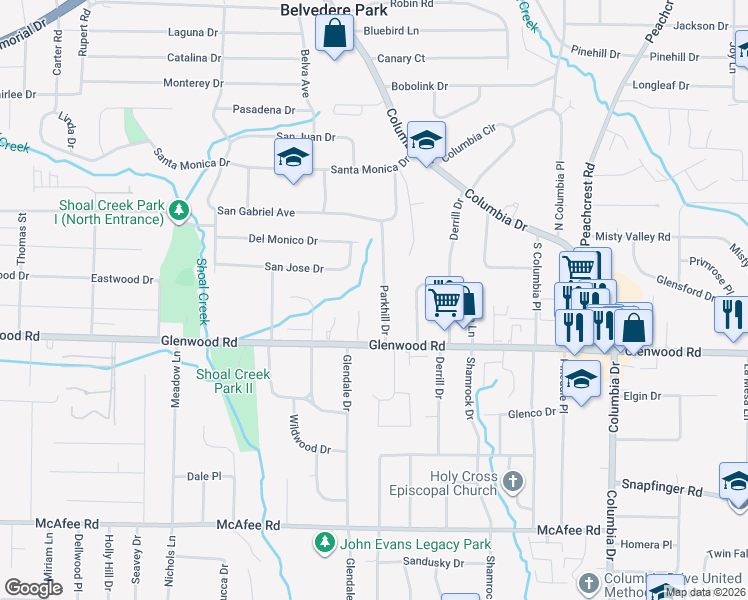 map of restaurants, bars, coffee shops, grocery stores, and more near 1773 Parkhill Drive in Decatur