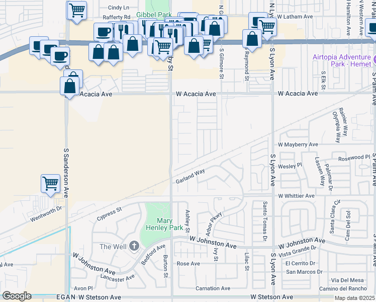 map of restaurants, bars, coffee shops, grocery stores, and more near 2372 Los Gatos Circle in Hemet